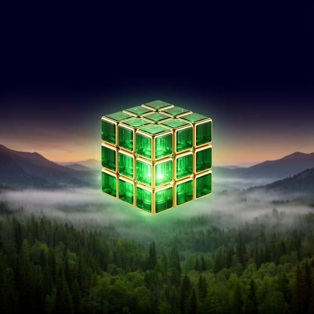 Emerald-gold GaiaPlot cube — the 3×3×3 standard parcel of the second-layer Earth registry.