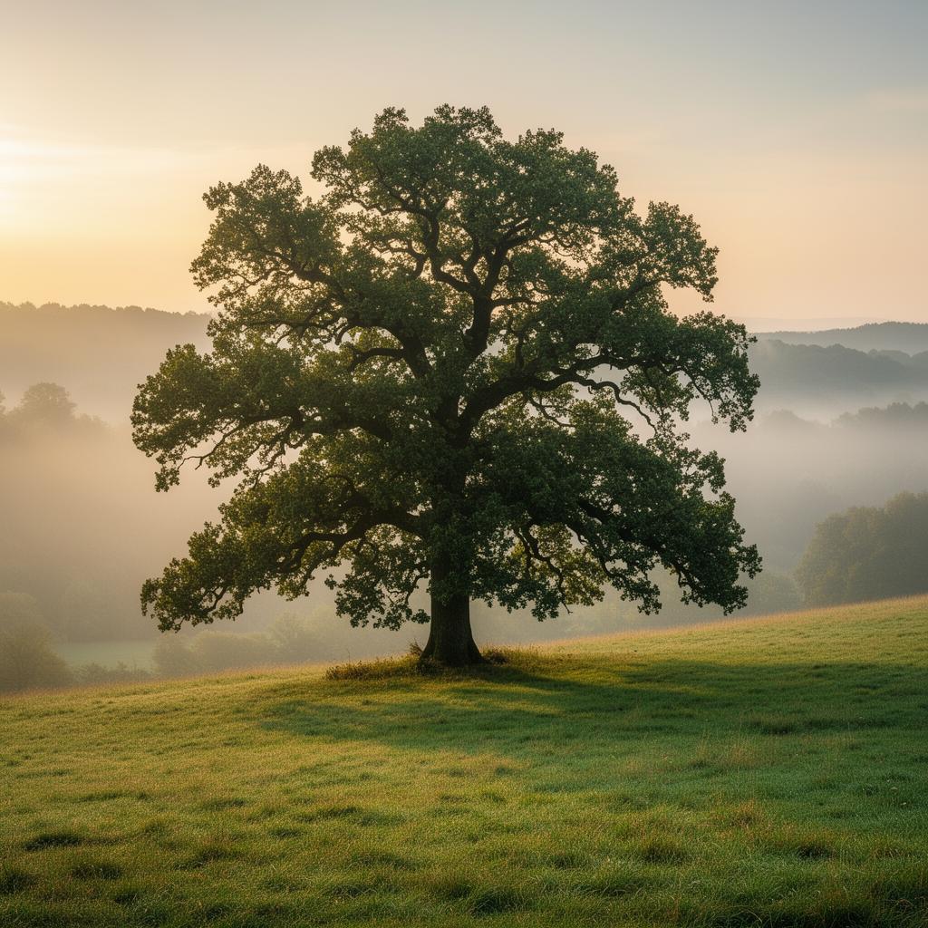 A solitary oak at sunrise — the symbol of generational stewardship.